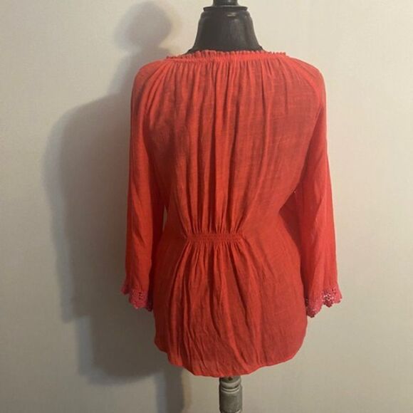 Melissa Paige Orange off the shoulder drawstring Lace tunic, size L - Picture 2 of 3